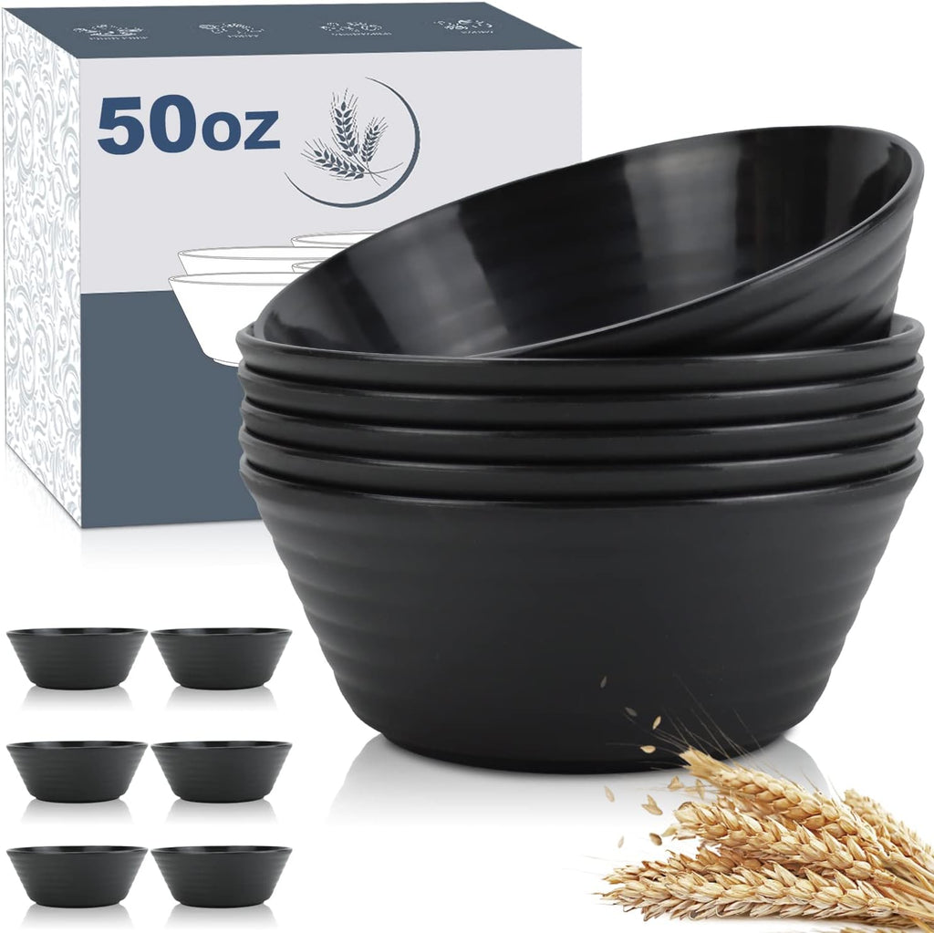 Wrova Wheat Straw Bowl Sets 6 PCS Unbreakable Big Cereal Bowl 50 OZ Microwave and Dishwasher Safe Bowls Alternative Plasic Bowl Reusable for Serving Soup Oatmeal and Salad (Black)