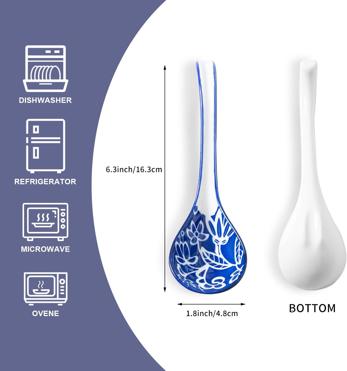 Ceramic Asian Soup Spoon - 6.3 Inch Chinese Soup Spoons Japanese Ramen Spoons for Pho Dumplings Wonton Miso Cereal Stews Noodles - Set of 6 - Vintage Blue