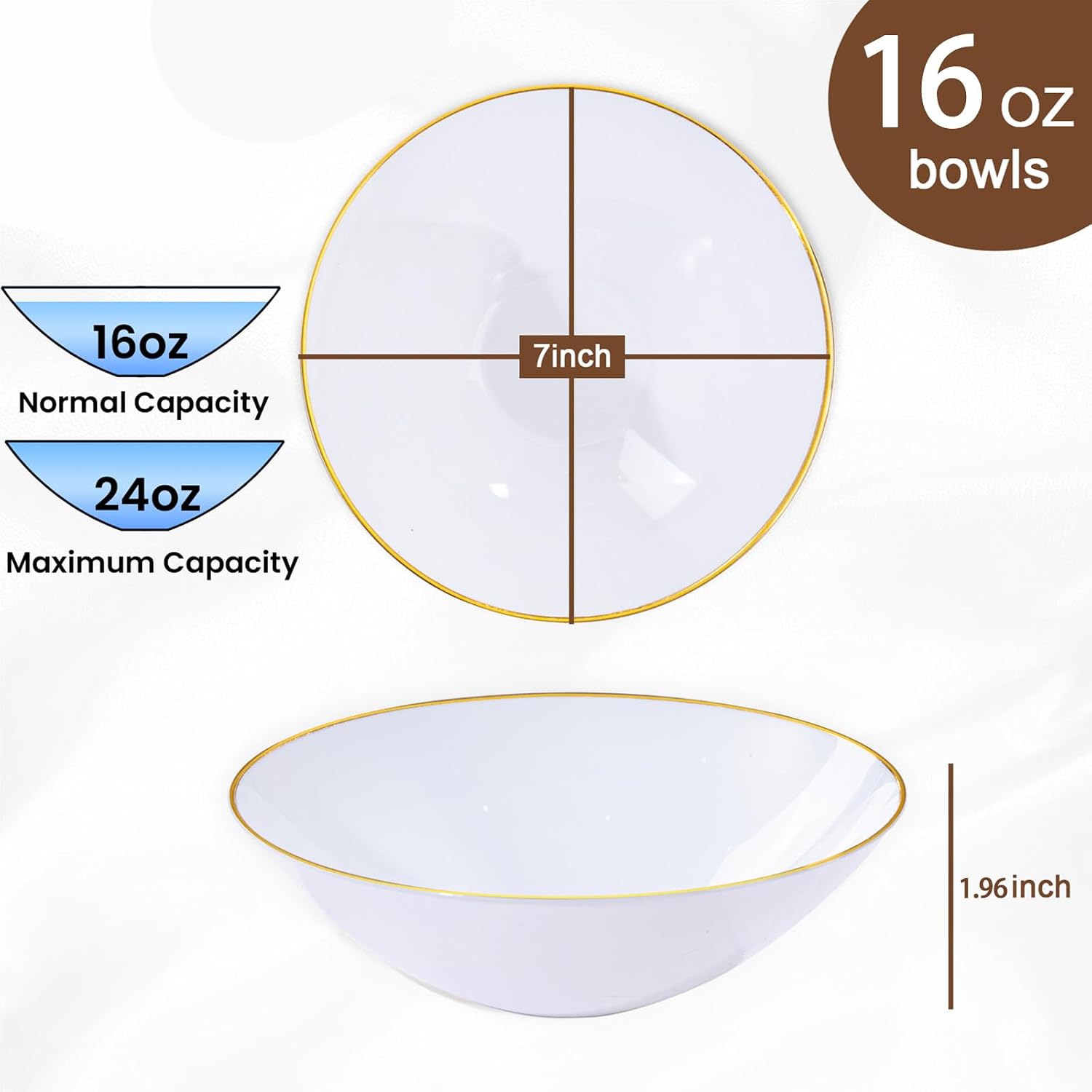 I00000 16 Oz 50 Count White Disposable Soup Bowls with Gold Rim  Plastic Bowls Disposable Premium Heavyweight Elegant Plastic Salad Bowl for Party