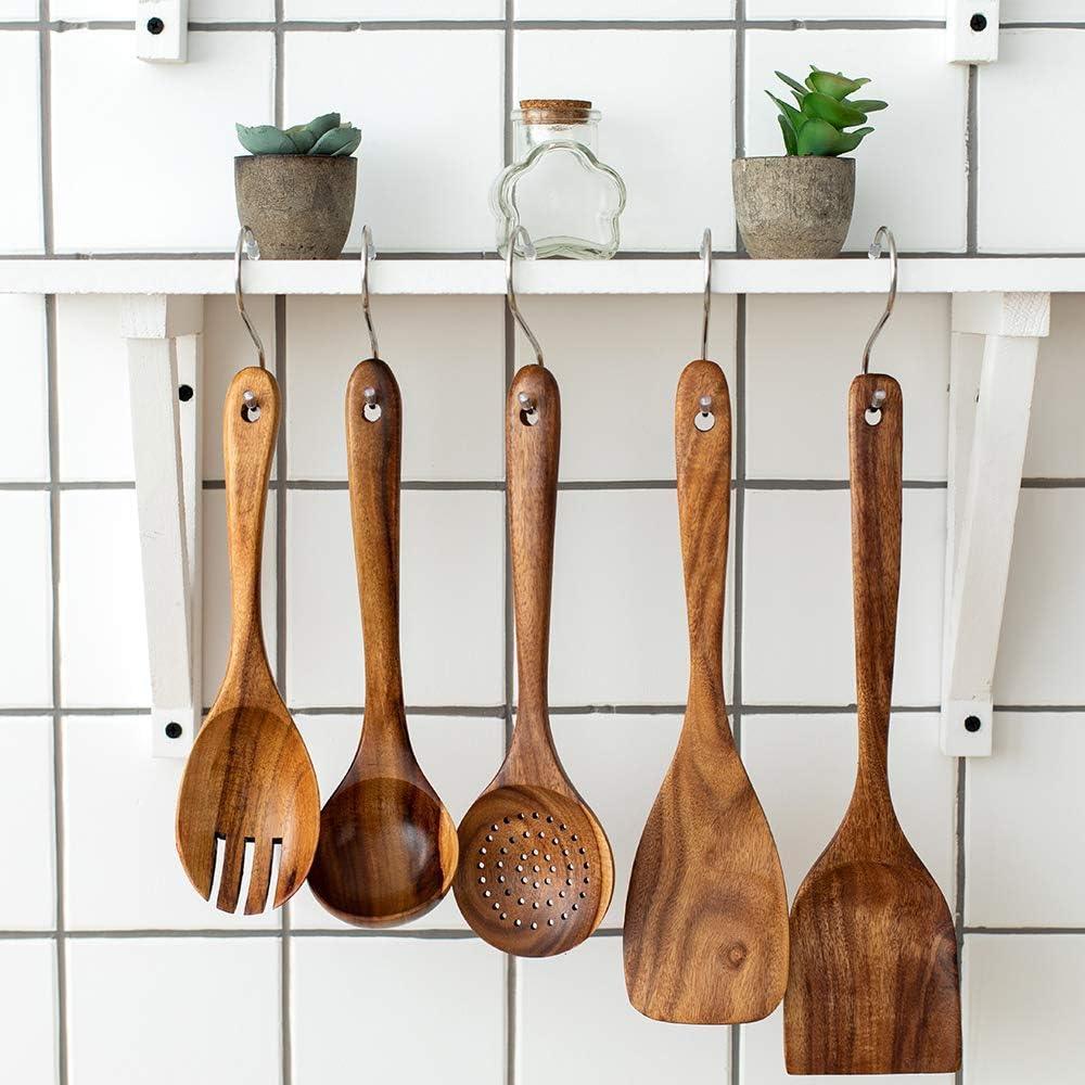 Wood Kitchen Utensils Set  5 PCs Natural Acacia Wooden Spoons For Cooking for Non-stick Skillet  Utensil set For Cooking With Soup Ladle and Wok Spatulas  Salad fork  Spurtles for Cooking