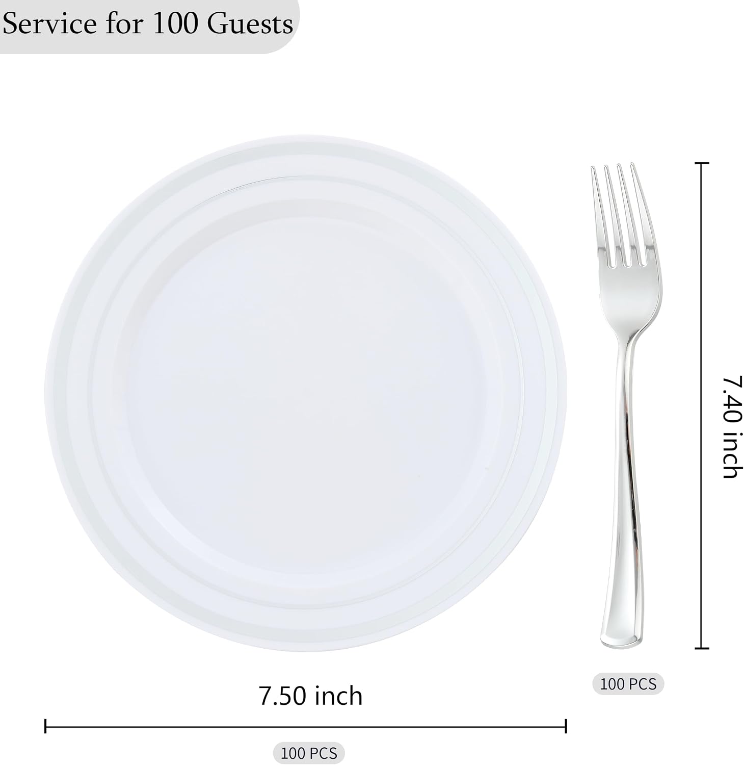 200pcs Silver Dessert Plates with Forks for 100 Guests-100pcs 7.5" Disposable Silver and White Small Plates with 100pcs 7.4" Forks-Cake/Appetizer/Salad Plate for Wedding Birthday Party