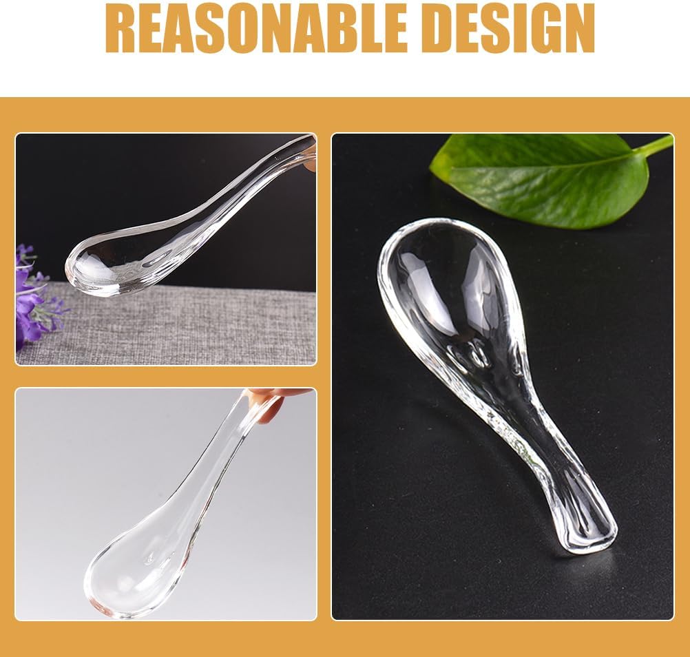 VOSAREA 2pcs Clear Glass Spoons Asian Soup Spoons Glass Foods Spoons Chinese Soup Spoons Asian Rice Spoon Japanese Wonton Soba Ramen Noodle Spoon