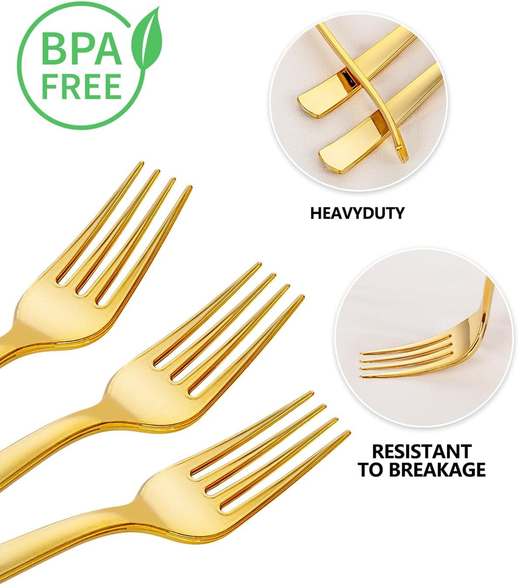 YOUBET 50PCS Gold Plastic Forks - Heavy Duty Plastic Forks - Solid Durable Gold Disposable Silverware for Party Picnic Wedding and Daily Use