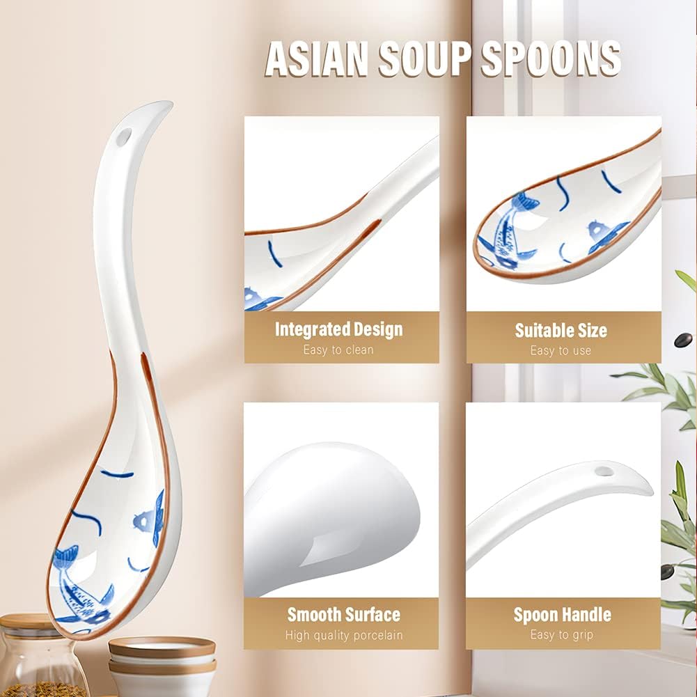 IQCWOOD Ceramic Asian Soup Spoons  Blue and White Japanese Spoon for Soup Rice Ramen Pho Wonton Dumpling Miso  Deep Oval Hook Design  Gifts for Friends Parents Family