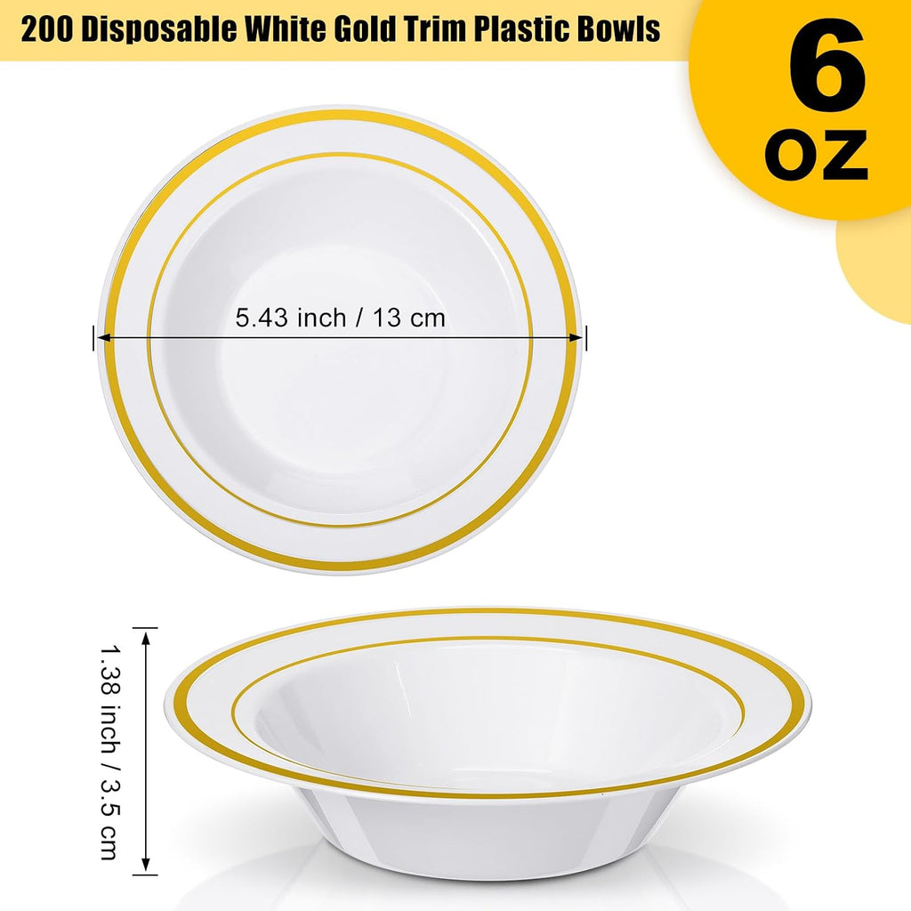 Jinei 200 Pieces 6 oz Plastic Bowls with Rim Small Disposable Soup Bowls for Dessert Salad Soup Candy Wedding Thanksgiving Catering Holidays Party Supplies (White Gold Rim)