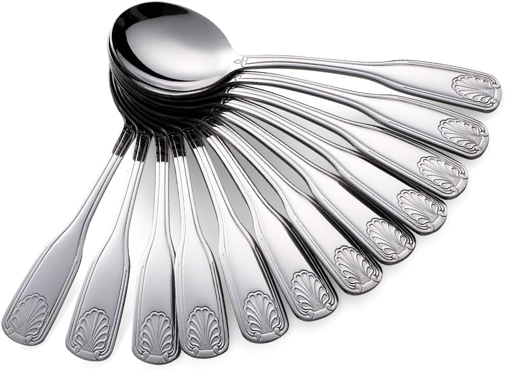 12-Piece Soup Spoon Set  6.4-Inch Stainless Steel Round Spoons Dessert Spoons  Shell Pattern Teaspoons  Mirror Polished spoons silverware  Dishwasher Safe