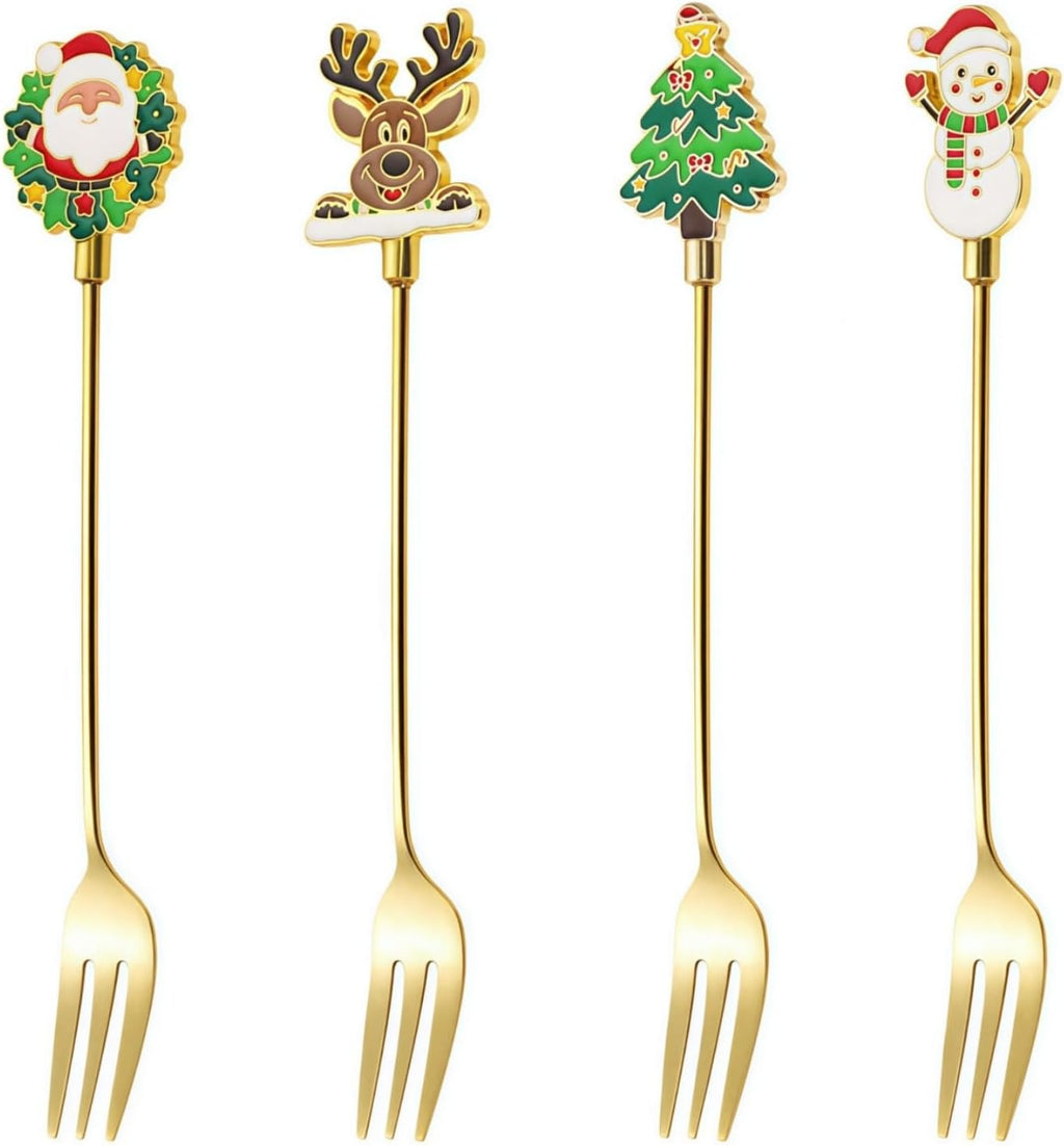 4-Piece Christmas Forks Set Premium 304 Forks Stainless Steel Dishwasher Safe.Small Gold Forks for Cake Dessert Salad Appetizers Fruit Olive& Cocktail for Afternoon Tea  Festive Party Table Setting