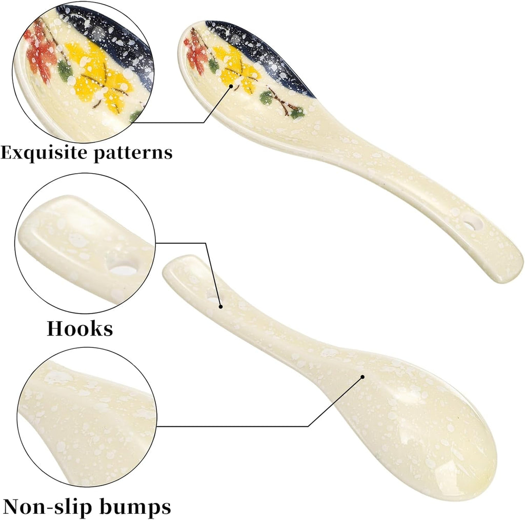 Set of 12 Asian Soup Spoons Ceramic  Retro Japanese Soup Spoons  Delicate Chinese Serving Spoon  Porcelain Ramen Spoon for Pho Miso Noodles Dessert Wonton Dumpling  Dishwasher Safe  5.5''L