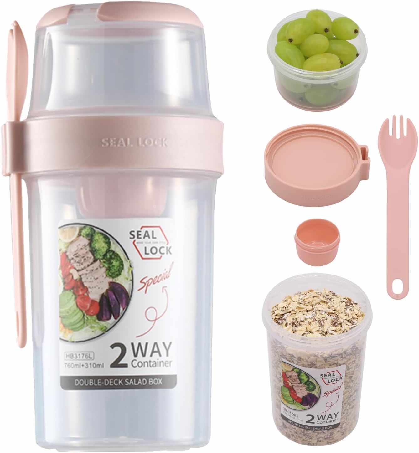 Breakfast On The Go Cups  Salad Cup To Go  Take And Go Yogurt Cereal Overnight Oats Snack Parfait Containers & Salad Dressing Holder With Fork For Lunch  Fruit & Vegetable Jar(Pink 36.2oz)