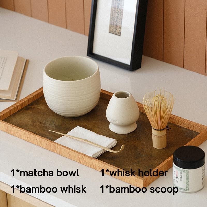 Matcha Whisk Set  Ceramic Matcha Bowl & Whisk Holder  Bamboo Accessory  Modern Design (Matte Crème  Traditional Bowl Design)