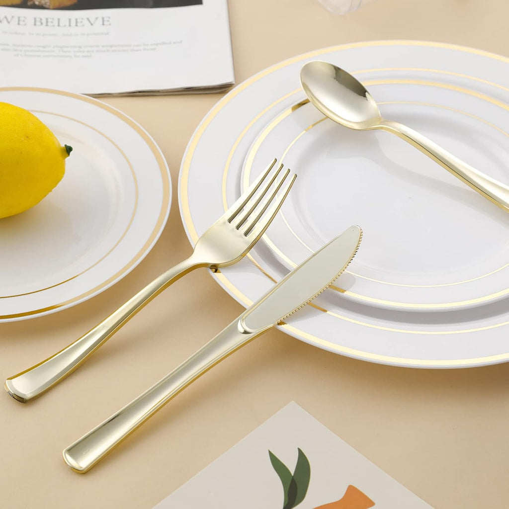 N9R 50PCS Gold Plastic Forks  Solid  Durable and Heavy Duty Plastic Forks Disposable  Perfect Plastic Utensils for Parties  Thanksgiving  Christmas and Daily Use