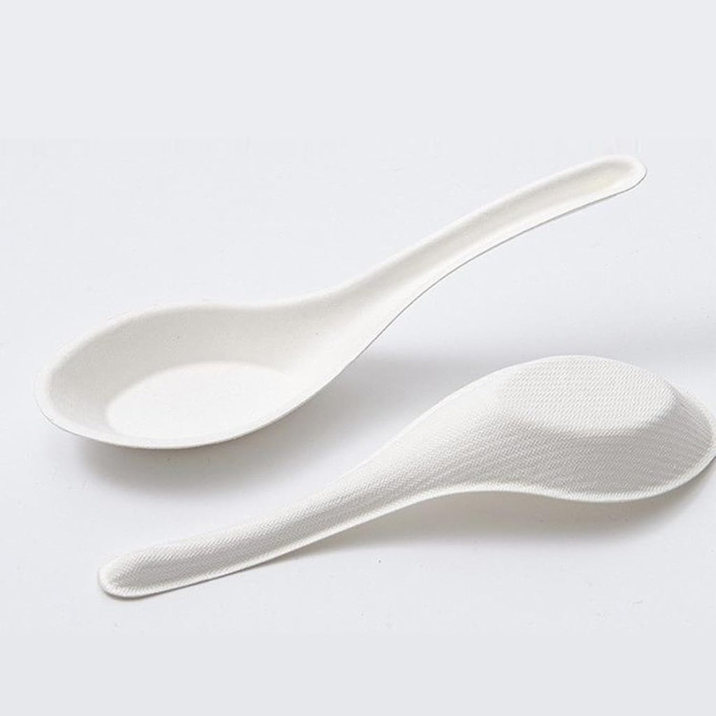 Eco Friendly Disposable Soup Spoons  Sugarcane Fiber Spoon  Healthy and Sturdy  5.5" Asian Soup Spoons  for Take-out Ramen Pho Noodles(50PCS)