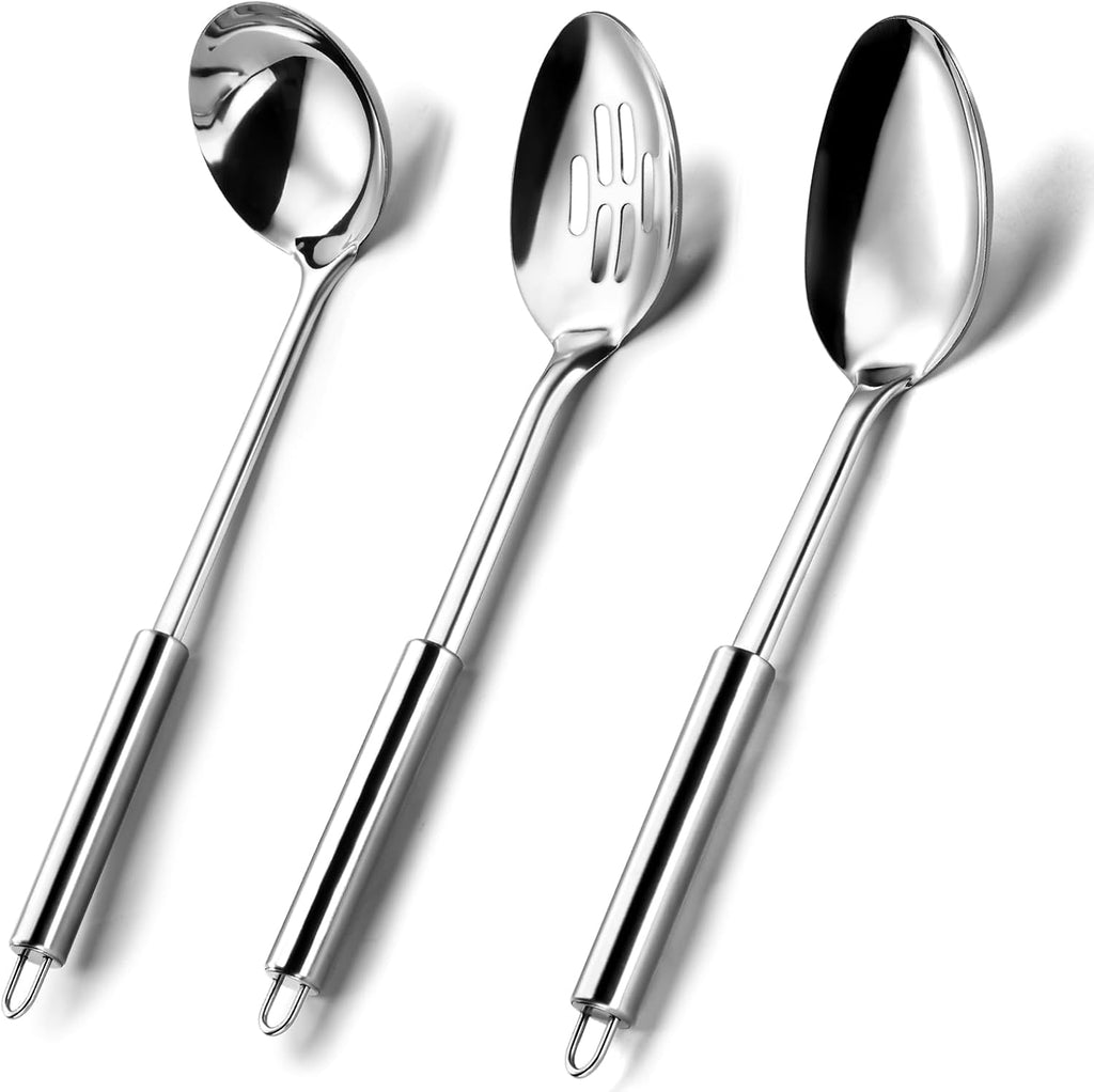 Pleafind Serving Utensils Set for Parties 3-Piece Silver Stainless Steel utensils set Includes 1 Serving Spoon  1 Slotted Spoon and 1 Soup Ladle Serving Spoons for Buffet