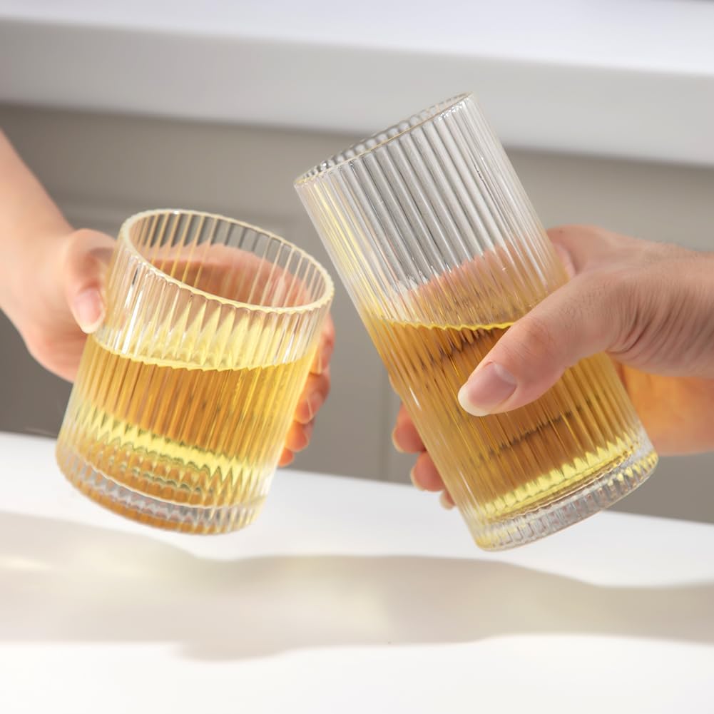 Ribbed Drinking Glasses 8pcs  12oz and 10oz Glassware  Tumbler Glasses Cup Set for Wedding  Party  Christmas Gift  Clear