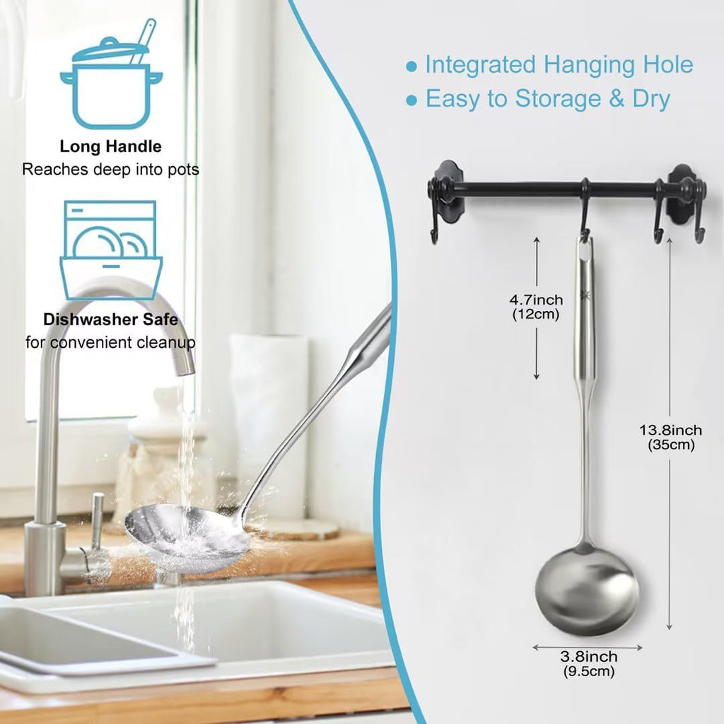 Soup Ladle - 18/10 Stainless Steel Ladle Spoon，13.8" Large Durable Metal Ladel for Serving or Cooking  Stirring  Wok & Soup  Professional Heavy Duty kitchen Utensils  Christmas gifts