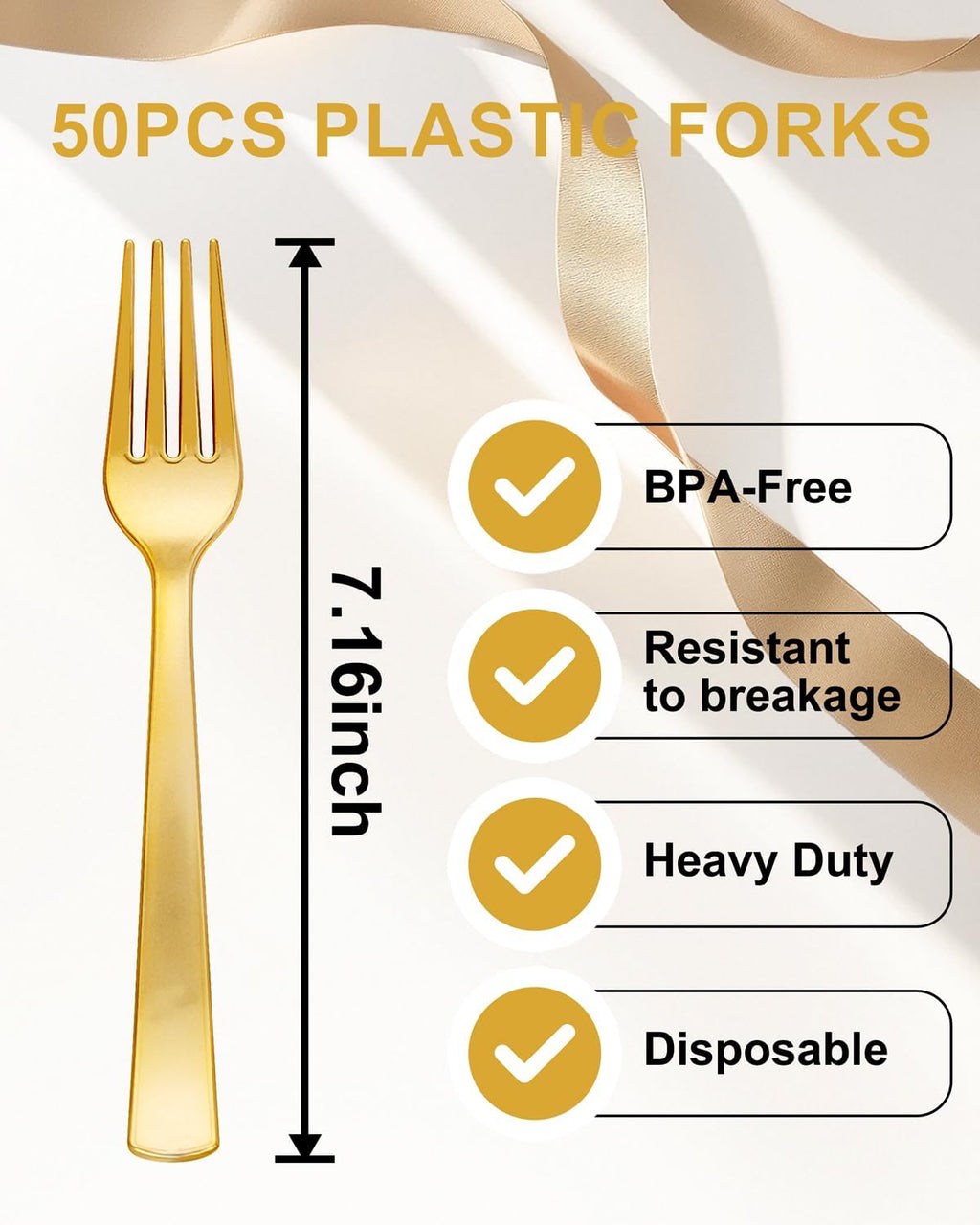 YOUBET 50PCS Gold Plastic Forks - Heavy Duty Plastic Forks - Solid Durable Gold Disposable Silverware for Party Picnic Wedding and Daily Use