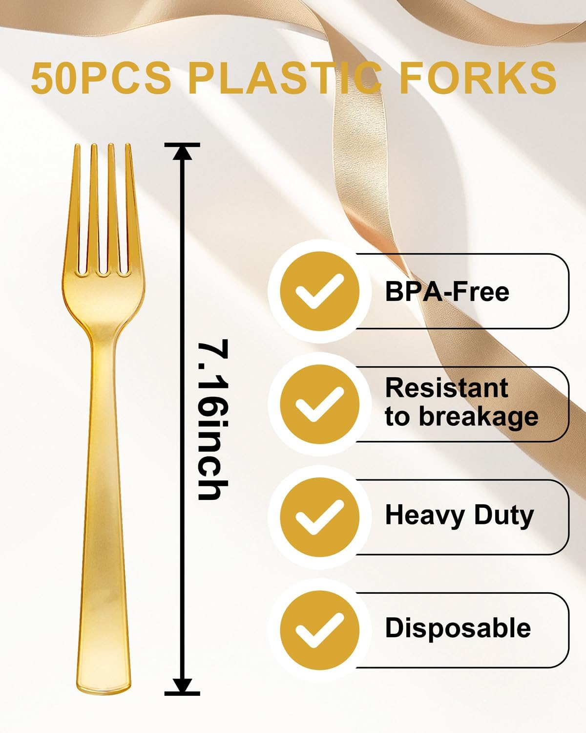 YOUBET 50PCS Gold Plastic Forks - Heavy Duty Plastic Forks - Solid Durable Gold Disposable Silverware for Party Picnic Wedding and Daily Use
