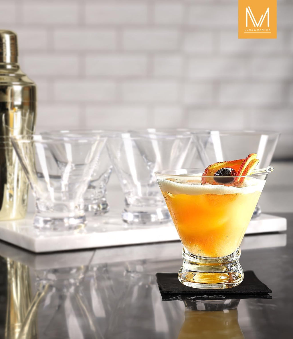 LUNA & MANTHA Martini Glasses Set of 4  Stemless Martini Cocktail Glasses for Margarita  Manhattan  Cosmopolitan  Home Bar  Evening Parties  Birthdays  Housewarming Gift  Crystal Clear 8 OZ