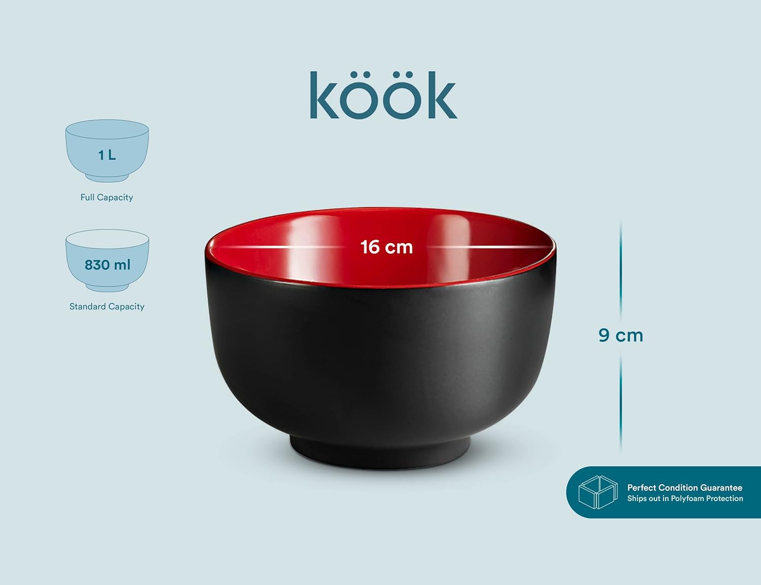 KooK Ramen Bowl  Japanese Bowls  Noodle Bowls  Large Soup Bowl  Ceramic  Large Capacity  For Ramen  Pho  Udon  Soba  Microwave and Dishwasher Safe  34 oz  Set of 4 (Black/Red)