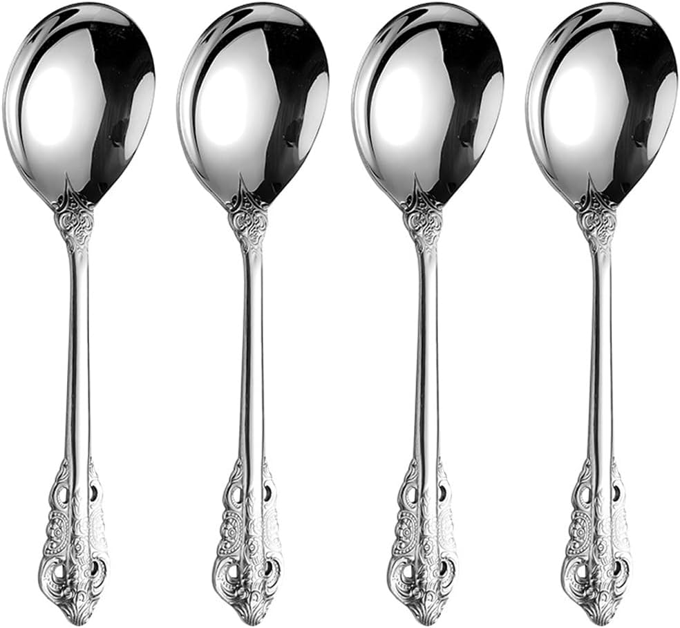 Gorgeous Large Round Soup Spoons 18/10 Stainless Steel Fine Embossed Texture Soup Spoons Set Table Spoon Silverware Bouillon Spoons Silver (4 pack)
