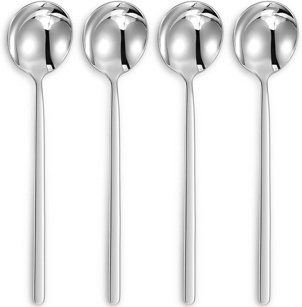 KEAWELL Premium Korean Soup Spoons with Long Handles  Set of 4  18/10 Stainless Steel  Dishwasher Safe (Plain)