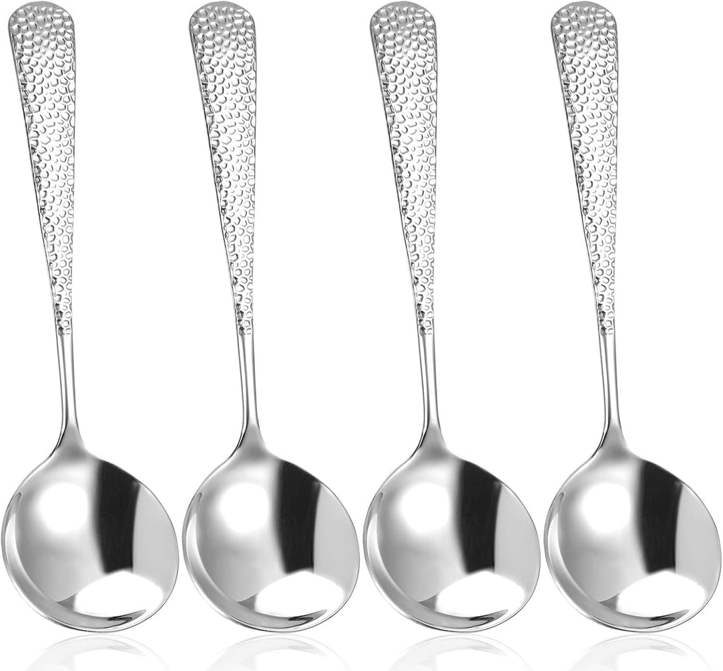 Hammered Spoons  4 Pcs Stainless Steel Soup Spoons Set Teaspoons Fine Dessert Spoon with Round Edge Table Dinner Spoon  Mirror Polished  Elegant Design  Dishwasher Safe (6.4 Inches)
