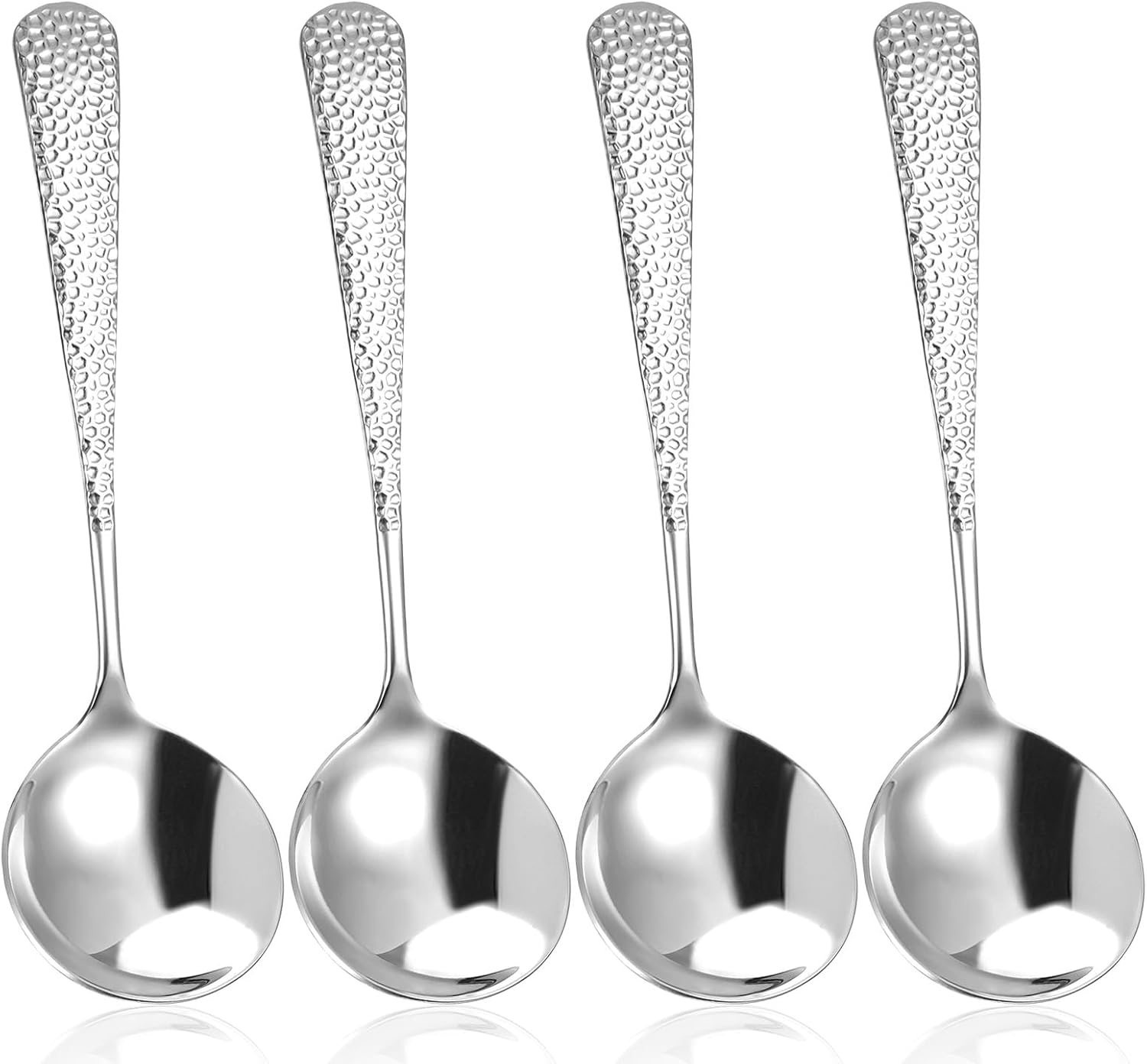 Hammered Spoons  4 Pcs Stainless Steel Soup Spoons Set Teaspoons Fine Dessert Spoon with Round Edge Table Dinner Spoon  Mirror Polished  Elegant Design  Dishwasher Safe (6.4 Inches)