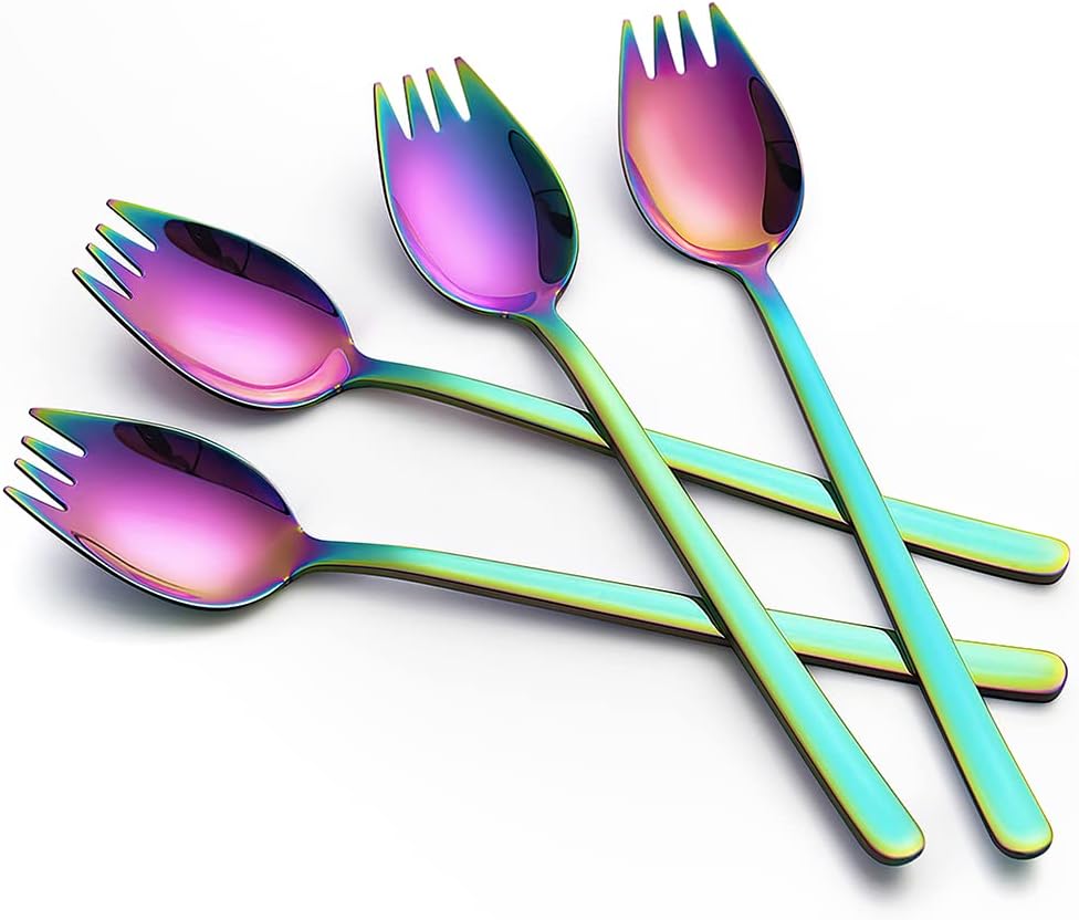 YFWOOD Sporks  4-pack 18/10 Stainless Steel Sporks 7.4 Inches Long Handle Dessert Spoons Ice Cream Spoons Salad Forks Flatware Set Reusable Fruit Appetizer Dessert Forks for Household Use or Camping
