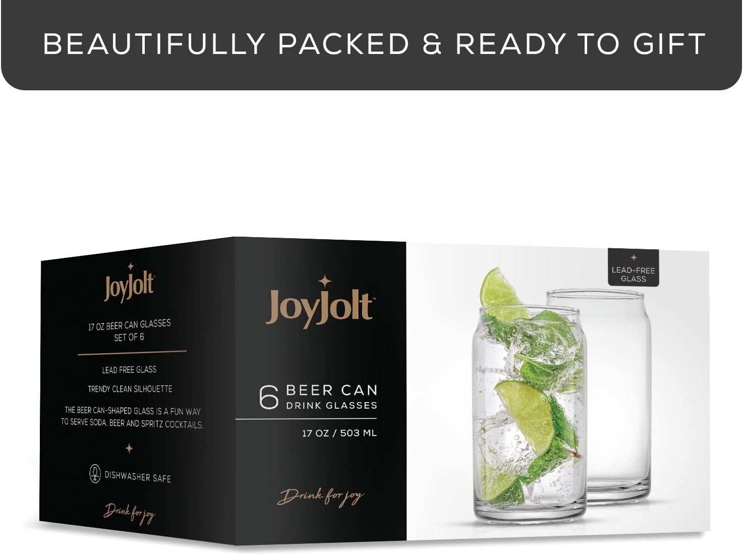 JoyJolt Drinking Glass Cups Set of 6-16oz Beer Can Glasses. Clear Soda Can Shaped Glass Cups  Cute Iced Coffee Cup Tumblers  Cold Drink Glassware  Unique Water  Tea  Cocktail Glass Set