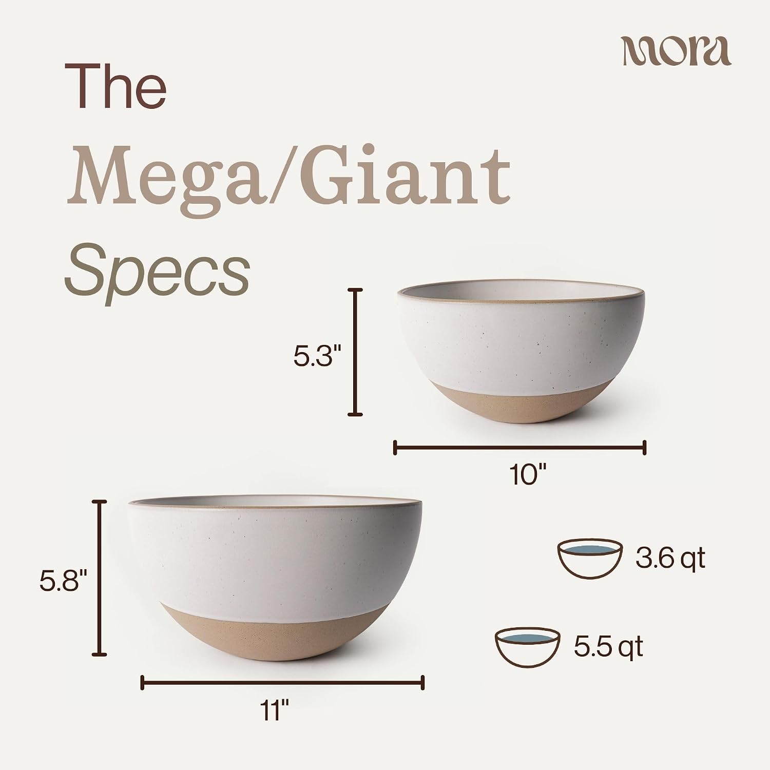 MORA Mega and Giant Bowls Set of 2  5.5 and 3.5 Qt Ceramic Pottery Mixing Bowls - Microwave and Dishwasher Safe - Oat