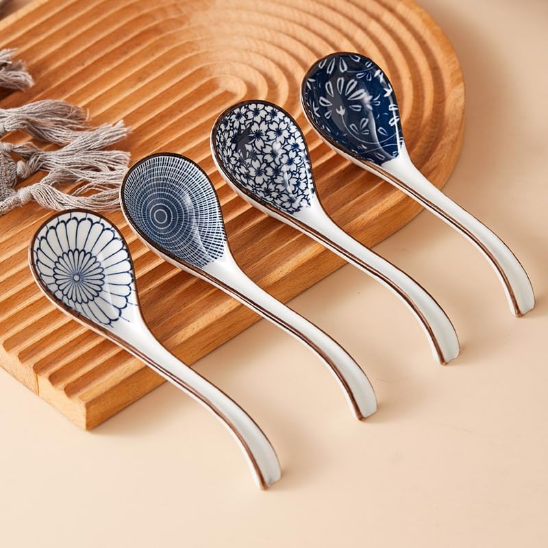 Asian Soup Spoon Ceramic Ramen Spoons Japanese Style for Pho  Miso soup  Dumpling  Noodles  Chinese Wonton Dishwasher safe - Set of 4 - Blue