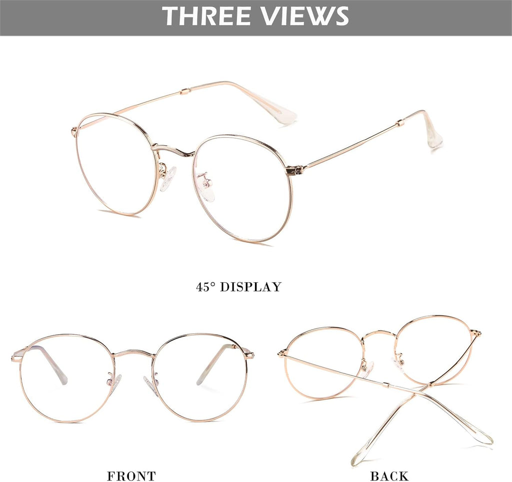 HJSTES Round Blue Light Glasses for Women Men Retro Circle Clear Lens Metal Frame Eyeglasses