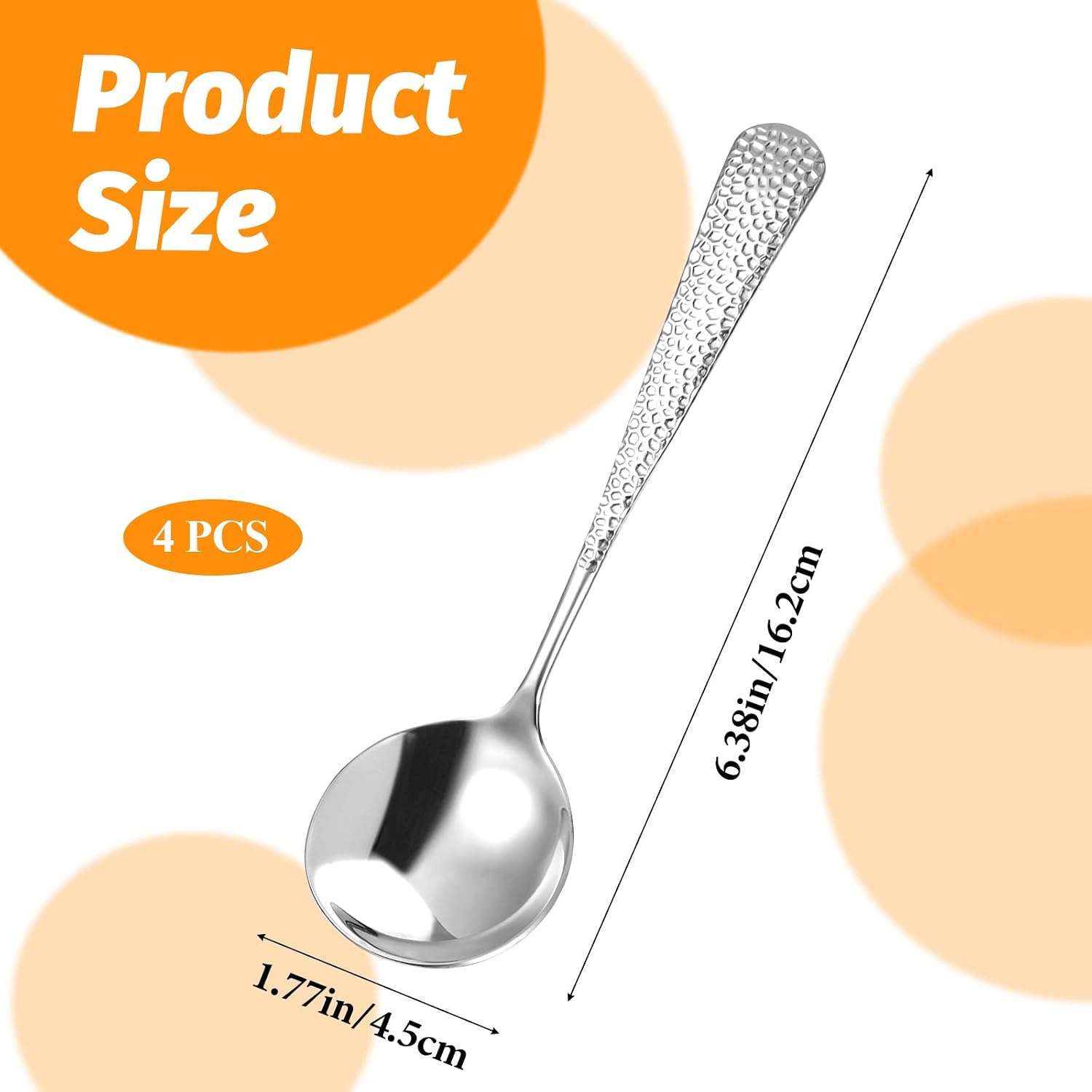 Hammered Spoons  4 Pcs Stainless Steel Soup Spoons Set Teaspoons Fine Dessert Spoon with Round Edge Table Dinner Spoon  Mirror Polished  Elegant Design  Dishwasher Safe (6.4 Inches)
