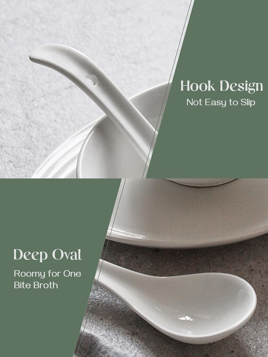 DOWAN Soup Spoons  Ceramic Asian Soup Spoons  White Japanese Spoon Large for Ramen Pho Wonton Dumpling Miso  Deep Oval Hook Design  Set of 4 (4  Soft white)