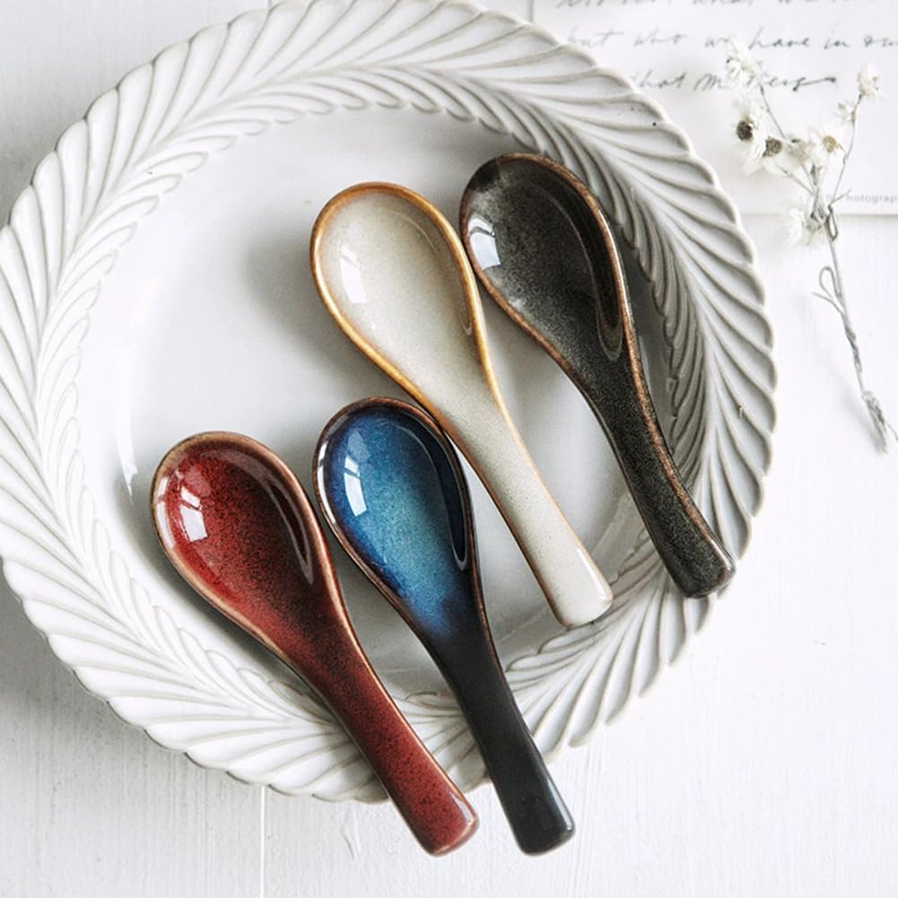 5.5-Inch Asian Soup Spoons  Non-Slip Bottom  Ceramic Soup Spoons for Pho  Ramen  Chinese Vietnamese Wonton  Dumplings and Korean Soups  Set of 4