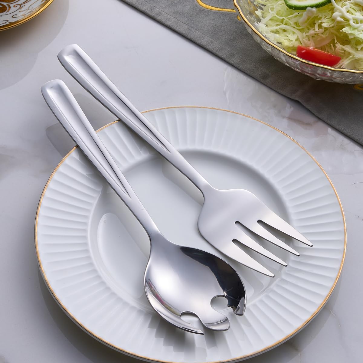 GoGeiLi Salad Server Set  9.5-inch Stainless Steel Salad Serving Utensil  2-Piece Large Salad Spoon and Fork Serving Set  Dishwasher Safe