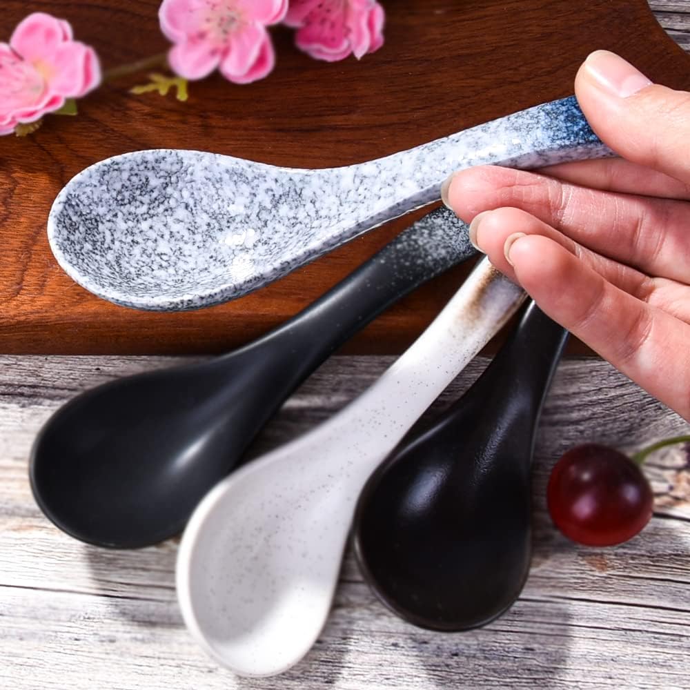 Ceramic Asian Soup Spoons Set of 4 Chinese and Japanese Tablespoons Porcelain Rice Spoons for Soup Ice cream Oats and Cereal