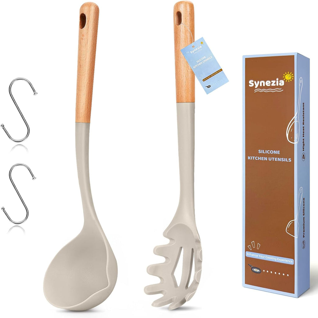 Silicone Soup Ladle Spoon  Kitchen Soup Cooking Spoons Set  Large Spaghetti spoon  Nonstick Pasta Spoon  Heat Resistant Pasta Fork for Serving Soup  Noodle  Sauce
