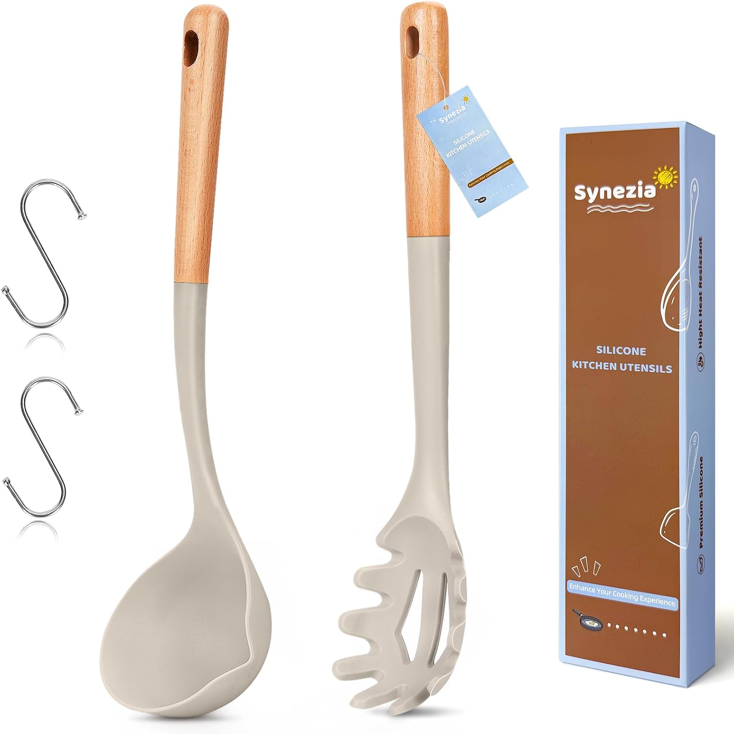 Silicone Soup Ladle Spoon  Kitchen Soup Cooking Spoons Set  Large Spaghetti spoon  Nonstick Pasta Spoon  Heat Resistant Pasta Fork for Serving Soup  Noodle  Sauce