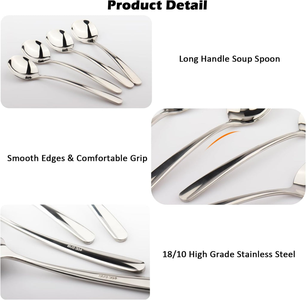 Korean Soup Spoon 18/10 Stainless Steel: Large Round Soup Spoons - 7 inch Long Handle Dinner Rice Soup Spoon Set for Home Kitchen Restaurant - 4 PCS