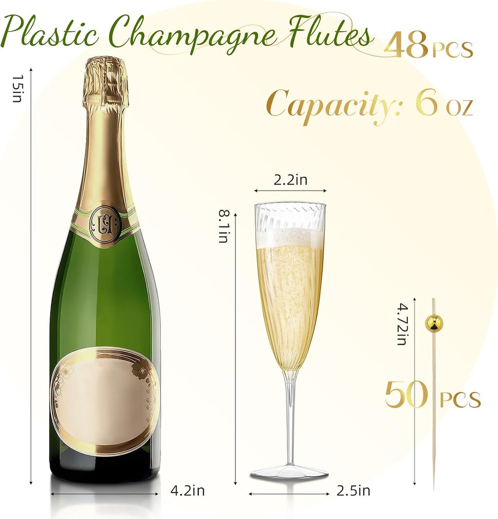 48 PCS Plastic Champagne Flutes Disposable  6 Oz Clear Plastic Champagne Glasses Reusable Wine Cocktail Cups for Weddings Parties Drinking Toasting Home Daily Life (Clear)