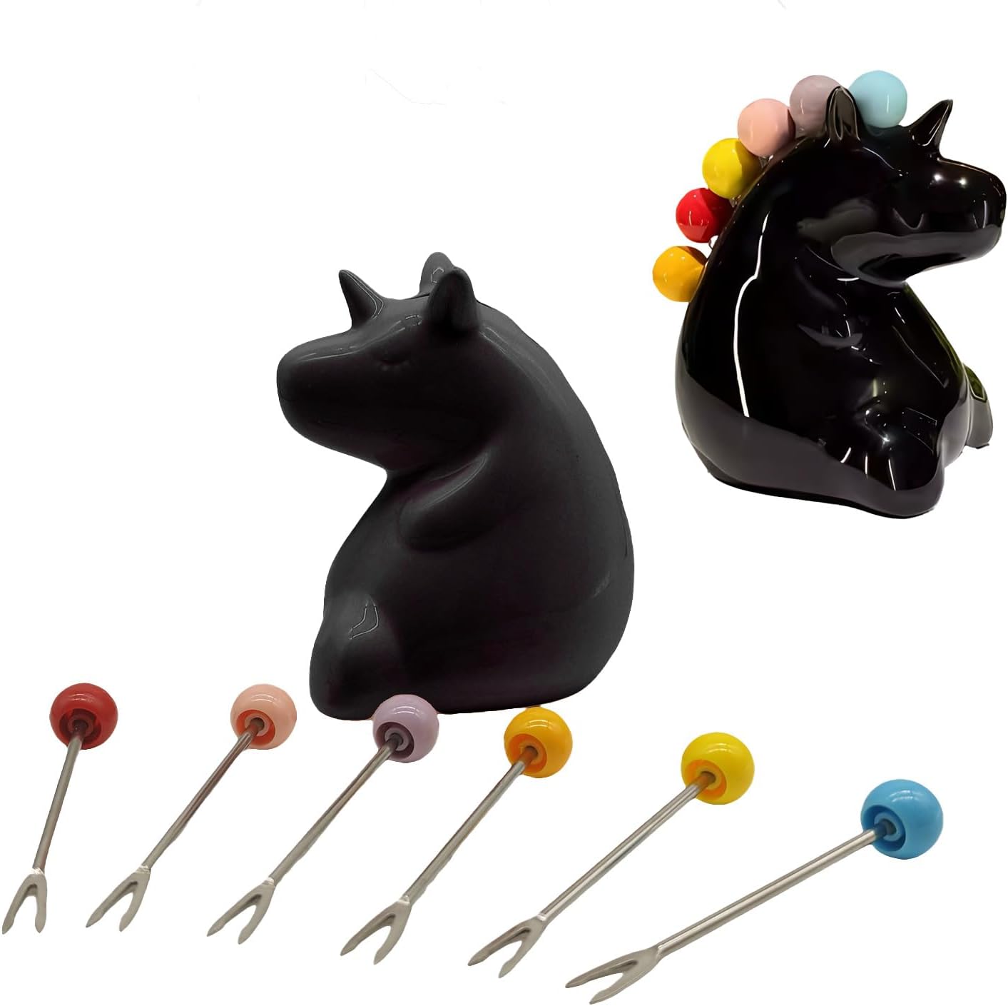 6 Stainless Fruit Fork with Holder Stainless Steel and Porcelain Pink Unicorn Holder Cute Cartoon Exterior Suitable for Fruit&Desserts&Salads 10 Centimeters/3.9 inches (White) (Black)