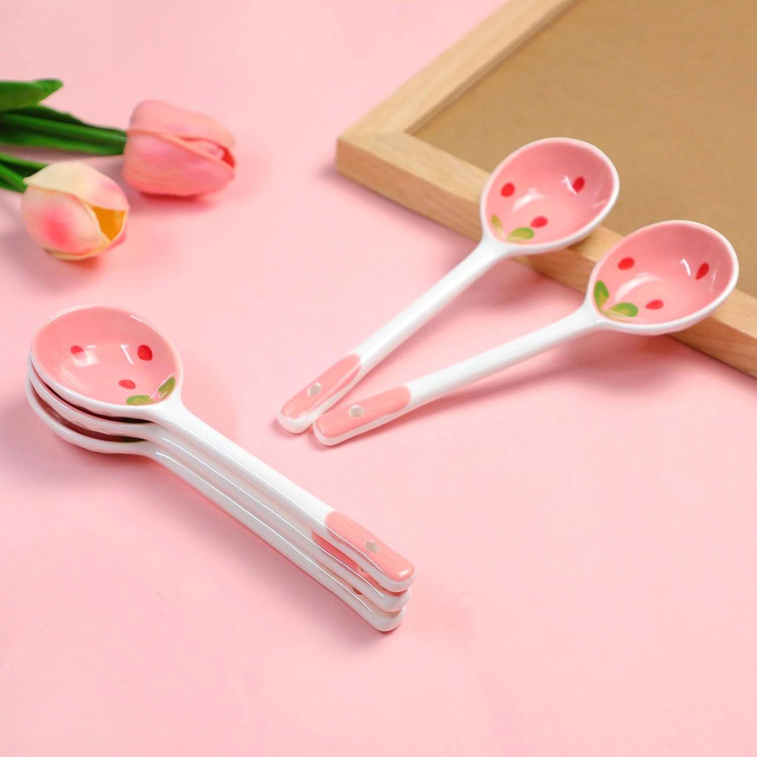 5 Pcs Ceramic Soup Spoons Cute Strawberry Spoons Long Handle Porcelain Tablespoons Reusable Dinnerware for Ice-cream Desserts Cereal Soup Yogurt (5)