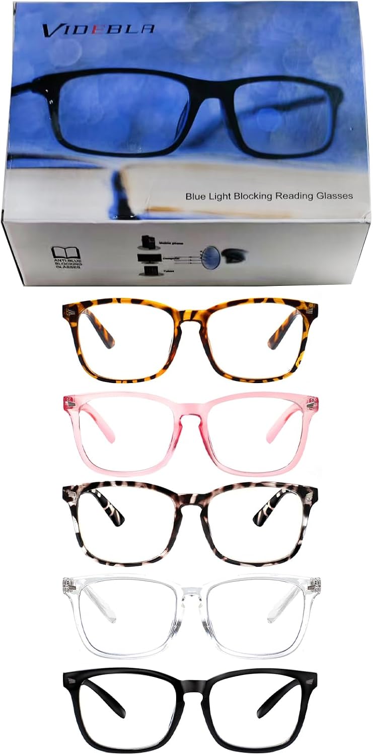 VIDEBLA 5 Pack Blue Light Blocking Reading Glasses Spring Hinge Readers for Women Men Anti UV Ray Filter Nerd Eyeglasses