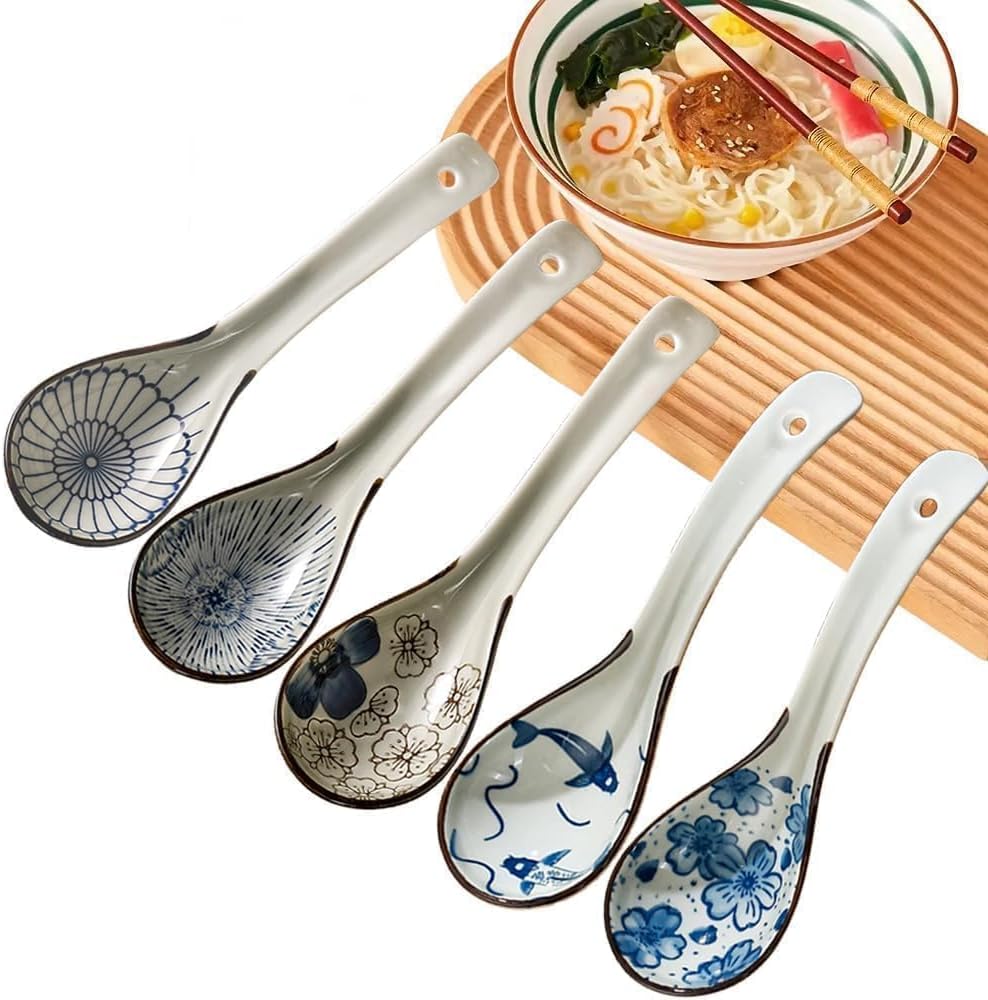 5pcs Asian Soup Spoon  Ceramic Chinese Soup Spoons  Deep Oval Hook Non-slip Japanese Spoons for Rice Ramen Pho Miso Soup Wonton Noodle  Luck and Prosperity Gifts for Friends Parents Family