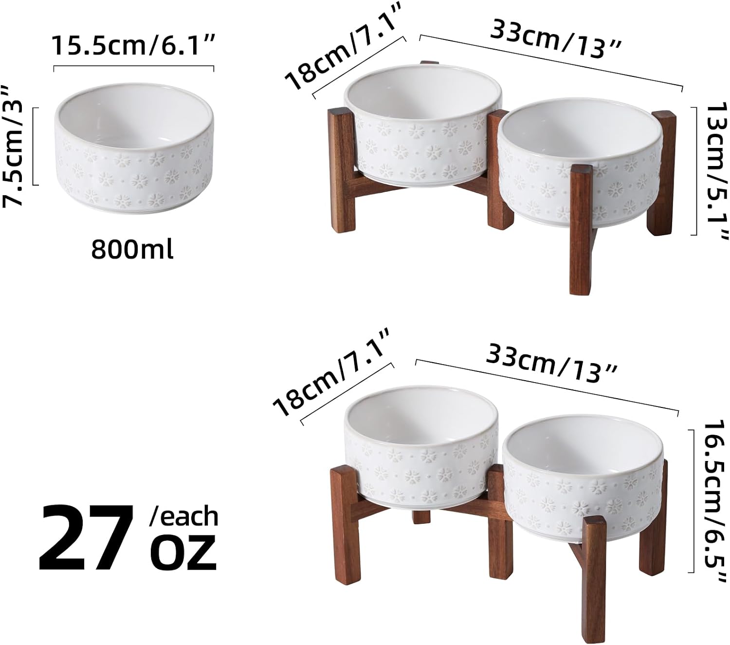 6.1inch Ceramic Raised Double Bowls Set with Acacia Wood Stand  2 Heights Elevated  Food & Water Bowls for Small Breed Dogs  Weighted Dog Dishes  Pet Bowl(27oz  Arctic White)