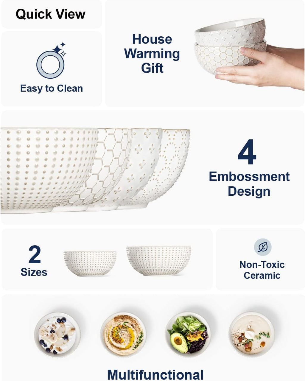 LE TAUCI Cereal bowls 26 oz  Ceramic Soup Bowl for Kitchen  Embossment Stoneware Bowl for Pho  Chip  Fruits  Salad  Noodle  Ramen  Suit For Housewarming - 6 Inch  Set of 4  Arctic white