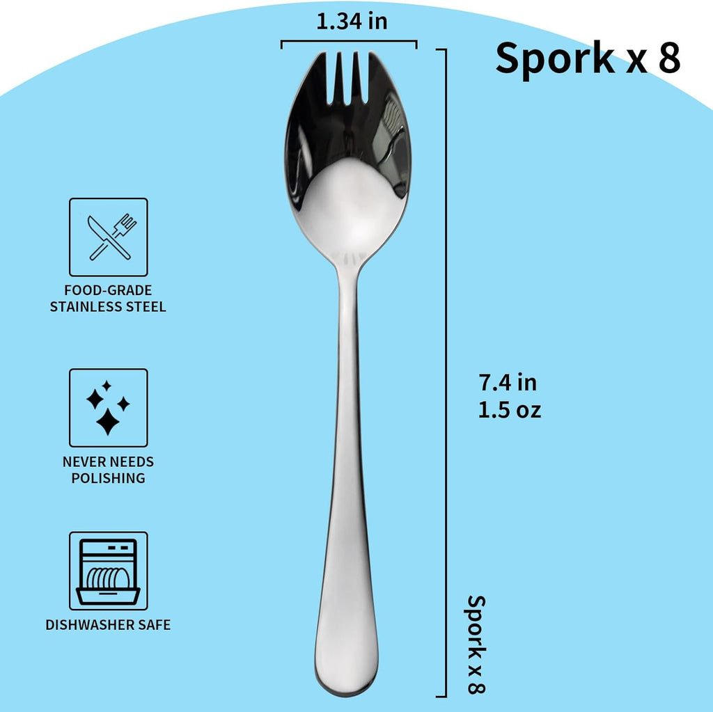 Alata Sporks  8-Pack Food-grade Stainless Steel Sporks  7.4 Inches Long Handle Salad Forks For Dessert  Ice Cream  Salad  Soup  Noodle  Spaghetti  Dishwasher Safe