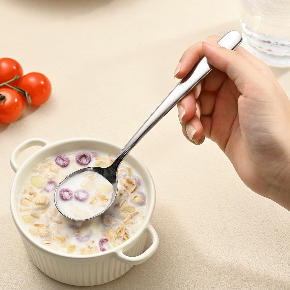 Large Round Soup Spoons Set Set of 4 Premium 18/10 Stainless Steel Spoons with Long Handles 7.8 Inch Elegance Tablespoon Dishwasher Safe Fine Mirror Polished (Silver)