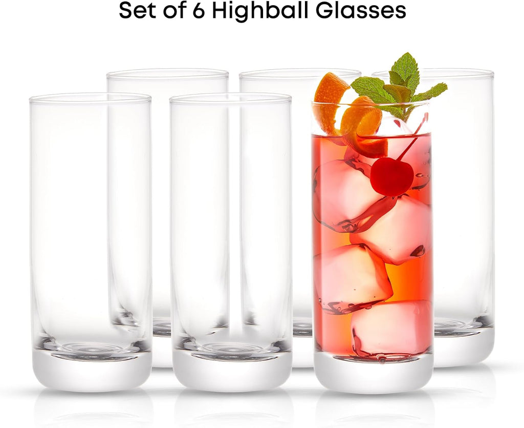 JoyJolt Faye 13oz Highball Glasses  6pc Tall Glass Sets. Lead-Free Crystal Drinking Glasses. Water Glasses  Mojito Glass Cups  Tom Collins Bar Glassware  and Mixed Drink Cocktail Glass Set
